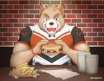 anthro burger clothing food fries hamburger_bun male rugby solo uniform gaouu pongotora tora_(pongotora) canid canine canis domestic_dog mammal shiba_inu spitz