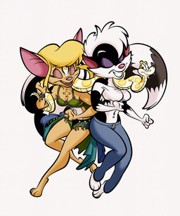 anthro barefoot breasts clothing clothing_tag cosplay countershade_face countershading crop_top dancing duo eyes_closed feet female jewelry midriff navel navel_piercing piercing plushie shirt topwear y2k_(fashion) stanmort becky_ringtail sally_skunk bassariscus mammal mephitid procyonid ring-tailed_cat skunk 5:6 hi_res