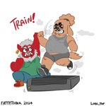 anthro athletic_wear belt bodily_fluids bottomwear breath clenched_teeth clothing duo exercise exercise_clothing exercise_equipment flying_sweatdrops gym_bottomwear gym_shorts male male/male overweight panting running shorts struggling sweat sweatdrop teeth teeth_showing lobi_top fattytober canid canine canis domestic_dog mammal suid suine sus_(pig) wild_boar 1:1 hi_res