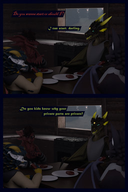 anthro arm_warmers armwear blue_body blue_eyes blue_fur bottomwear clothing collar dialogue female fur furniture gesture green_body hoodie male multicolored_body multicolored_fur pink_eyes purple_body purple_fur questioning red_body red_fur shirt shorts sitting table tank_top text topwear yellow_eyes flailingfornication european_mythology mythology bat dragon kobold mammal mythological_creature mythological_scalie nardoragon origin_species scalie western_dragon wyvern 2:3 3d_(artwork) absurd_res comic digital_media_(artwork) english_text hi_res brother_(lore) daughter_(lore) father_(lore) mother_(lore) parent_(lore) sibling_(lore) sister_(lore) son_(lore)