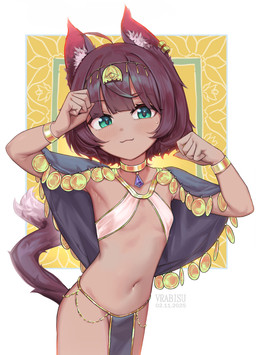 5_fingers animal_ears black_body black_fur black_hair black_tail blush bottomwear bracelet breasts clothed clothing dark_body dark_skin ear_piercing ear_ring egyptian egyptian_clothing fangs female fingers fur hair inner_ear_fluff jewelry loincloth navel piercing ring_piercing short_hair skimpy small_breasts solo tail teeth tuft young vrabisu animal_humanoid cat_humanoid felid felid_humanoid feline feline_humanoid humanoid mammal mammal_humanoid absurd_res hi_res portrait three-quarter_portrait