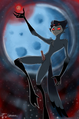 4_eyes 4_fingers anthro avian_feet black_hair detailed_background erection feathers fingers genitals grey_body grey_feathers hair male moon multi_eye nude nude_anthro nude_male penis red_eyes short_hair solo tail tail_feathers text lsdxiii hellaverse helluva_boss stolas_(helluva_boss) avian bird demon owl owl_demon 2024 absurd_res artist_name dated digital_drawing_(artwork) digital_media_(artwork) hi_res signature watermark