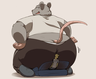 ambiguous_gender anthro big_butt biped bodily_fluids bottomwear butt clothing duo extreme_size_difference facesitting furniture grey_body humanoid_hands kemono overweight pants shirt sitting sitting_on_another size_difference sofa sweat tail topwear suzume_333 mammal murid murine rat rodent 2025 hi_res