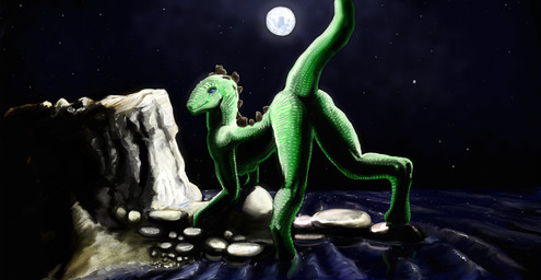 all_fours ass_up blue_eyes breasts butt dark digitigrade female feral green_body green_scales light looking_aside looking_at_viewer looking_back moon moonlight night non-mammal_breasts outside presenting presenting_hindquarters raised_tail rock sand scales shadow side_view sky smile solo star starry_sky tail water wave meandraco lizard reptile scalie 2009 hi_res
