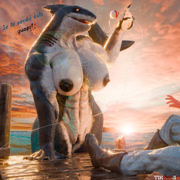abs anthro areola boots clothing duo female fish_hook footwear gills hook male nipples shoes sunset teeth text tiktik3d aquatic fish human mammal shark dock_(disambiguation) 1:1 3d_(artwork) digital_media_(artwork) hi_res spanish_text translation_request