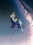 anthro barazoku black_body black_ears black_fur clothing duo floating fur hat headgear headwear hug male male/male scar space star white_body white_fur nat_is_here pyro4707 canid canine canis domestic_dog felid mammal mastiff molosser pantherine rottweiler tiger absurd_res hi_res