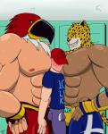 abs beak biceps big_muscles blush bodily_fluids clothed clothing feathers for_a_head group imminent_sex male manwiched mask muscular muscular_male nipples pecs sandwiched size_difference sweat teeth topless wrestler pizzaozzy_(artist) fatal_fury garou:_mark_of_the_wolves king_of_fighters snk tekken tekken_7 king_(tekken) tizoc animal_head animal_humanoid avian bird felid human humanoid jaguar mammal pantherine absurd_res hi_res