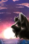 anthro arm_on_leg cliff cloud dusk feathered_wings feathers fur male nude sitting_on_cliff solo sundown white_body white_feathers white_fur wings geno28_(artist) canid canine canis celestial_being mammal wolf 2:3 hi_res tagme watermark