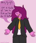 5:6 anthro black_tie_(suit) clothing deltarune dialogue english_text fangs female freckles goatboyalex hair necktie pink_body pink_hair pink_skin scalie solo suit susie_(deltarune) teeth text undertale_(series)