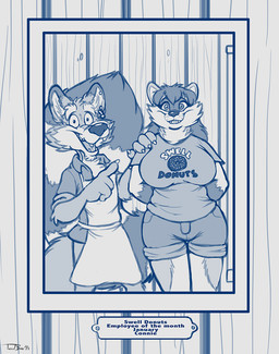 4_fingers anthro apron big_breasts big_tail biped bottomwear breasts claws clothed clothed_anthro clothed_male clothing countershade_face countershade_fur countershade_legs countershade_torso countershading dipstick_ears duo ear_markings ear_piercing ear_ring ear_stud employee_of_the_month eyebrows facial_markings fangs female female_anthro finger_claws fingers fur gesture hair hand_gesture hand_on_another's_shoulder hand_on_shoulder hands_behind_back head_markings humanoid_hands long_hair male male_anthro markings mask_(marking) multicolored_body multicolored_ears multicolored_fur open_mouth open_smile photo picture_frame piercing pointing pointing_at_another print_clothing print_shirt print_t-shirt print_topwear ring_(marking) ring_piercing ringed_tail rolled_up_sleeves shirt shorts smile smiling_at_viewer standing striped_markings striped_tail stripes t-shirt tail tail_markings teeth text text_on_t-shirt thick_eyebrows tongue toony topwear wall_(structure) whisker_spots wood wood_wall teaselbone swell_donuts connie_(bennie_tiger) teaselbone_(character) canid canine canis mammal procyonid raccoon wolf 2023 blue_and_white character_name digital_drawing_(artwork) digital_media_(artwork) english_text monochrome signature