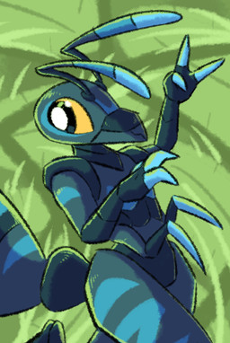 3_fingers antennae_(anatomy) anthro arm_markings arthropod_abdomen biped black_eyes blue_body blue_markings chest_markings facial_markings fingers gesture green_background hand_gesture head_markings leg_markings looking_aside male markings multicolored_antennae pupils simple_background solo v_sign white_pupils yellow_sclera eekanant eek_(eekanant) ant arthropod hymenopteran insect 2025 digital_drawing_(artwork) digital_media_(artwork)