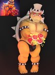 2_horns anthro blush bodily_fluids bulge clothing flower hat headgear headwear holding_flower holding_object horn male plant shell solo speedo spikes sweat sweatdrop swimwear top_hat acario_(artist) illumination_entertainment mario_bros nintendo the_super_mario_bros_movie bowser koopa scalie absurd_res hi_res