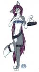 accessory anthro armband belt blue_eyes breasts clothed clothes_hanger clothing ear_piercing female fur furgonomics green_eyes grey_body grey_fur hair heterochromia long_hair piercing purple_hair shopping simple_background skimpy solo standing tail tail_accessory tail_belt white_background white_body white_fur tierafoxglove yuina canid canine canis mammal wolf 2009