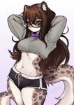 anthro bottomwear breasts brown_body brown_fur brown_hair brown_tail clothed clothed_anthro clothed_female clothing collar countershade_torso countershading ear_piercing eyewear female front_view fur glasses green_eyes hair hands_behind_head inner_ear_fluff long_hair long_tail markings navel piercing simple_background solo spots spotted_body spotted_fur spotted_markings spotted_tail standing tail tail_markings topwear tuft coffeechicken felid mammal pantherine snow_leopard 2025 digital_media_(artwork) hi_res