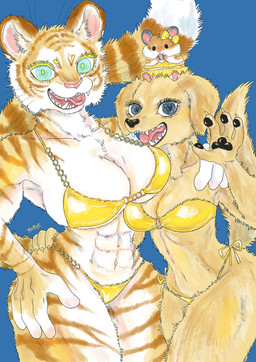 abs anthro big_breasts bikini blue_eyes breasts cleavage clothed clothing duo_focus female fur gesture gold_bikini group hand_on_hip jewelry looking_at_viewer multicolored_body muscular muscular_female open_mouth pawpads piercing simple_background size_difference smile striped_body striped_fur stripes swimwear tail teeth thick_thighs tongue trio two-piece_swimsuit two_tone_body waving white_body wide_hips yellow_body yellow_fur kyokyota bird_dog canid canine canis cricetid domestic_dog felid golden_retriever hamster hunting_dog mammal murid murine pantherine retriever rodent tiger 2025 hi_res