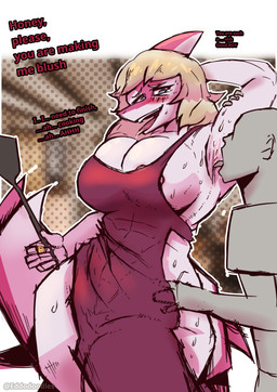 anthro areola areola_slip armpit_fetish armpit_lick armpit_play big_breasts blonde_hair blue_eyes blurred_background blush bodily_fluids breasts clothed clothed_anthro clothed_female clothed_human clothed_male clothing dialogue dress dripping duo eyebrows female fingers good_boy grey_body hair hand_behind_head hand_under_clothing holding_object human_on_anthro humanoid_hands interspecies larger_anthro larger_female licking long_hair looking_down looking_pleasured male nipples non-mammal_breasts non-mammal_nipples open_mouth outline pink_body raised_arm raised_inner_eyebrows red_clothing red_dress saliva saliva_drip side_boob size_difference smaller_human smaller_male spatula spiked_tail spikes spikes_(anatomy) standing sweat sweatdrop sweaty_armpit tail talking_to_another text tongue tongue_out tools white_body white_outline wide_hips eddodoodle cavemanon_studios i_wani_hug_that_gator anon mia_moretti dinosaur hadrosaurid human mammal ornithischian ornithopod parasaurolophus prehistoric_species reptile scalie absurd_res artist_name colored english_text hi_res shaded watermark