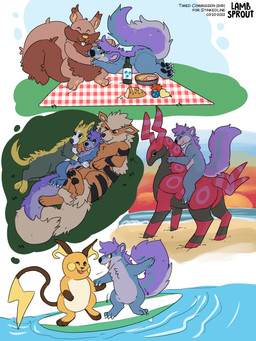 alcohol ambiguous_gender beverage bread dessert feral food fruit group oran_berry outside pastry picnic pie plant pokemon_berry riding romantic sitrus_berry stargazing sunset surfing tamato_berry text wine conditional_dnp lustylamb nintendo pokemon arcanine boltund generation_1_pokemon generation_5_pokemon generation_8_pokemon greedent mammal mephitid pokemon_(species) scolipede skunk 3:4 english_text hi_res