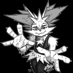 anthro chest_tuft clothing fingers heterochromia inner_ear_fluff looking_at_viewer male pose solo tuft dimejeff limp_bizkit nintendo pokemon braixen generation_6_pokemon pokemon_(species) 1:1 black_and_white digital_media_(artwork) monochrome