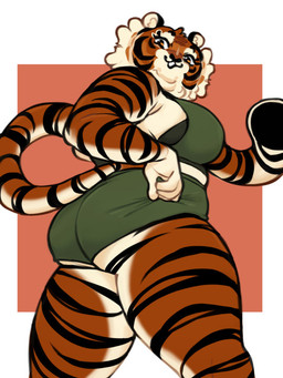 anthro big_arms big_butt big_cheeks black_bra black_clothing black_ears black_nose black_stripes black_underwear bottomwear bra butt cheek_tuft clothed clothed_anthro clothed_female clothing curled_tail facial_markings facial_tuft female green_bottomwear green_clothing green_topwear hand_on_hip head_markings inner_ear_fluff looking_at_viewer looking_down looking_down_at_viewer markings neck_tuft open_mouth open_smile pose simple_background small_ears smile solo striped_arms striped_body striped_butt striped_face striped_legs stripes tail topwear tuft underwear white_fingers white_hands white_inner_ear white_inner_ear_fluff white_mouth highlandkall naomi_(highlandkall) felid mammal pantherine tiger 2024 3:4 colored digital_drawing_(artwork) digital_media_(artwork)