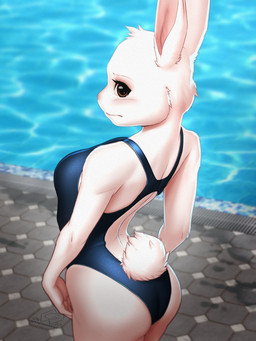 anthro backless_clothing backless_swimsuit blush breasts butt clothed clothing exposed female looking_at_viewer looking_back looking_back_at_viewer one-piece_swimsuit open-back_swimsuit poolside pose rear_view scut_tail short_tail skimpy small_breasts solo standing swimming_pool swimwear tail tail_tuft tuft mykegreywolf beastars haru_(beastars) domestic_rabbit dwarf_rabbit lagomorph leporid mammal netherland_dwarf_rabbit oryctolagus rabbit 2022 3:4 absurd_res digital_drawing_(artwork) digital_media_(artwork) hi_res pinup