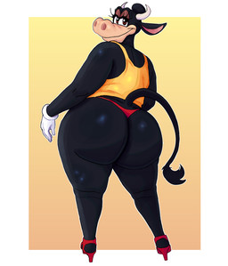 anthro bedroom_eyes big_butt black_body butt clothing female footwear gloves handwear high_heels horn looking_back narrowed_eyes panties rear_view seductive shirt shoes solo tail tank_top topwear underwear wide_hips boolishclara disney clarabelle_cow bovid bovine cattle mammal hi_res