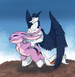 4_fingers antennae_(anatomy) antennae_markings anthro biped bite biting_lip biting_own_lip blue_body blue_fur chest_markings claws duo feathered_wings feathers female fingers flat_chested from_behind_position fur kneeling long_antennae male male/female markings pink_body pink_fur purple_eyes purple_markings purple_nose scar self_bite sex small_tail tail toe_claws white_body white_fur white_markings wings zafara_(artist) disney lilo_and_stitch angel_(lilo_and_stitch) midnight_(thegentlemansergal) alien experiment_(lilo_and_stitch) sergal 2022 hi_res signature