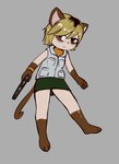 alternate_species amber_eyes anthro armband barefoot blonde_hair bottomwear breasts clothing feet female freckles gloves_(marking) gun hair handgun leg_markings markings miniskirt pistol pointy_ears prick_ears ranged_weapon skirt socks_(marking) solo topwear vest weapon e254e konami silent_hill heather_mason_(silent_hill) hi_res