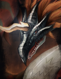 ambiguous_gender blue_eyes detailed_background feral hair horn markings red_hair scale_markings scales solo speedpaint teeth teeth_showing tongue spacesmilodon bandai_namco digimon digimon_(species) waruseadramon 2015 absurd_res hi_res