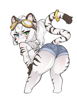 accessory anthro blush bottomwear breasts butt clothed clothing denim denim_bottomwear denim_clothing denim_shorts eyebrows eyelashes eyewear eyewear_on_head female fur furgonomics goggles goggles_on_head grin hair heterochromia jewelry looking_at_viewer looking_back pants presenting presenting_hindquarters raised_tail ring shorts shortstack shortstack_female simple_background smile solo standing striped_body striped_fur stripes tail tail_accessory tail_jewelry tail_ring thick_thighs white_body white_fur white_hair xeppir felid mammal pantherine tiger 2025 hi_res