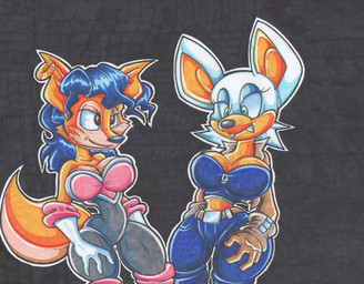 alternate_costume belt big_breasts blue_hair bottomwear breasts brown_eyes clothed clothing clothing_swap duo ear_piercing ear_ring female fur gloves green_eyes hair handwear jacket multicolored_body multicolored_fur orange_body orange_fur pants piercing ring_piercing teeth thick_thighs topwear two_tone_body two_tone_fur white_hair virus-20 sega sly_cooper_(series) sonic_the_hedgehog_(series) sony_corporation sony_interactive_entertainment sucker_punch_productions carmelita_fox rouge_the_bat bat canid canine fox mammal 2017 crossover traditional_media_(artwork)