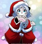 2019 2020 :3 adobe_photoshop_(artwork) anthro blue_eyes child christmas christmas_card christmas_clothing christmas_headwear clothed clothing colored conditional_dnp digital_media_(artwork) dress english_text felid female fur fur_trim_(clothing) gradient_background grey_body grey_fur grey_hair hair hat headgear headwear hi_res holidays keidran looking_at_viewer maeve_(twokinds) mammal markings multicolored_body multicolored_fur nom object_in_mouth pantherine santa_hat simple_background smile snow snow_leopard solo spots spotted_body spotted_fur text tom_fischbach twokinds url white_body white_fur young young_anthro