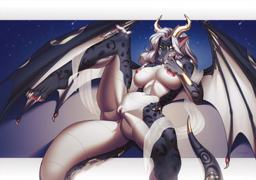 anthro armor bedroom_eyes blue_eyes bracers breasts claws female finger_claws genderfluid genitals gold_(metal) gold_jewelry hair horn jewelry looking_at_viewer membrane_(anatomy) membranous_wings narrowed_eyes nipples reclining_pose ribbons scales seductive simple_background smile smiling_at_viewer smirk smirking_at_viewer solo spots tail translucent vulva wings kouseykai mythology aura_(aurasentinel) altynshine_dragons dragon felid hybrid mammal mythological_creature mythological_scalie pantherine scalie snow_leopard nonbinary_(lore)