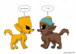 alternate_species black_nose clothing duo feral fur furrification hat headgear headwear male open_mouth speech_bubble text kelsey_sanders comedy_central south_park the_simpsons bart_simpson eric_cartman canid canine mammal 2014 artist_name cel_shading crossover digital_drawing_(artwork) digital_media_(artwork) english_text hi_res shaded