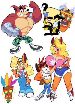 5_fingers anthro beard big_breasts black_hair blonde_hair bottomwear breasts brown_body brown_fur camo camo_print choker cleavage clothed clothing eyebrows eyeshadow eyewear eyewear_on_head facial_hair female fingers footwear fur gloves goggles goggles_on_head green_eyes hair handwear huge_breasts jewelry long_hair makeup male midriff multicolored_body multicolored_fur necklace orange_body orange_fur pants prosthetic prosthetic_arm prosthetic_limb sharp_teeth shirt shoes shorts sitting standing t-shirt tan_body tan_fur teeth tools topless topwear two_tone_body two_tone_fur wrench theguywhodrawsalot activision crash_bandicoot_(series) aku_aku coco_bandicoot crash_bandicoot crunch_bandicoot doctor_neo_cortex tawna_bandicoot uka_uka bandicoot human mammal marsupial absurd_res hi_res brother_(lore) brother_and_sister_(lore) sibling_(lore) sister_(lore)