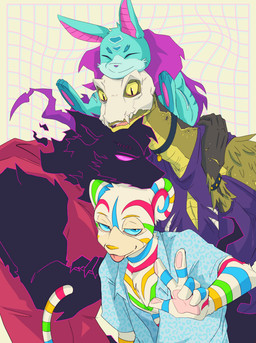 ambiguous_gender anthro clothed clothing fur group male markings multicolored_markings pointy_ears rainbow_markings simple_background striped_body striped_fur stripes tail topwear karina_farek drawfee_(copyright) neopets derek_kale_(karina_farek) destielconfession_(karina_farek) fan_character fonts_(karina_farek) uchiura_(karina_farek) candy_neopet canid canine canis cybunny hissi_(neopets) kougra lupe_(neopets) mammal neopet_(species) digital_media_(artwork) nonbinary_(lore)