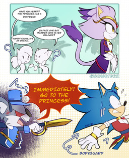angry anthro bindi black_nose blue_body blue_fur bodyguard clothing dress eyelashes female fur gloves grey_body grey_fur handwear male male/female plant purple_body purple_fur question_mark text tree sunsetbriz sega sonic_the_hedgehog_(series) blaze_the_cat gardon sonic_the_hedgehog domestic_cat eulipotyphlan felid feline felis hedgehog koala mammal marsupial vombatiform comic english_text hi_res signature