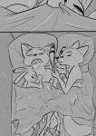 2018 absurd_res anthro bed bedding blanket canid canine comic cuddling dipstick_ears disney ear_markings eyes_closed facial_markings female fox fur fur_markings furniture greyscale group head_markings hi_res inside ittybittykittytittys jack_savage judy_hopps lagomorph leporid lying male mammal markings monochrome multicolored_ears nick_wilde on_back on_bed on_side open_mouth pawpads rabbit red_fox skye_(zootopia) sleeping sleeping_together true_fox under_covers zootopia