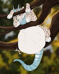 abdominal_bulge ambiguous_gender belly big_belly blue_eyes blue_horn blue_nose blurred_background feral fur horn in_tree mouth_closed plant solo tan_body tan_fur text tree vore white_body white_fur roobin felid mammal artist_name hi_res