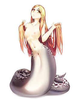 apode breasts female genitals hair legless long_hair medium_breasts monster_girl_(genre) nipples nude pose red_hair scales serpentine simple_background solo split_form vulva white_background likunea draconcopode humanoid lamia reptile scalie snake absurd_res colored hi_res
