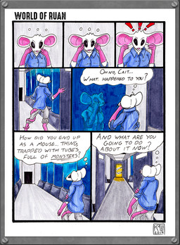 anthro black_eyes blue_clothing clothed clothing dialogue fur grey_clothing pink_body pink_ears pink_fur pink_tail reflection solo tail tail_around_leg text thought_bubble white_body white_ears white_fur impishhyena world_of_ruan cait_(world_of_ruan) mammal mouse murid murine rodent 2019 comic english_text hi_res female_(lore)