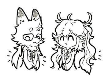 anthro chibi clothing double_ponytail dress female fur hair humanoid_pointy_ears male pointy_ears ponytail shy smile white_body white_fur mixia cricket_chen mixy_(mixia) arctic_fox canid canine fox mammal true_fox