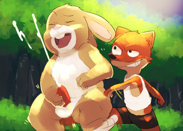 animal_genitalia animal_penis anthro attack ballbusting balls bodily_fluids cock_and_ball_torture crotch_attack crotch_kick cum cumshot duo ejaculation erection genital_fluids genitals genital_torture kick male male/male masturbation nude orgasm penile penile_masturbation penis masshiro canid canine fox lagomorph leporid mammal rabbit