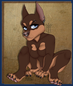 anthro breasts chibi ear_piercing ear_ring eyebrow_piercing facial_piercing female nose_piercing nose_ring piercing ring_piercing septum_piercing solo thehuntingwolf canid canine canis dobermann domestic_dog mammal pinscher absurd_res digital_media_(artwork) full-length_portrait hi_res portrait