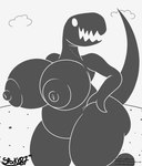 anthro belly big_breasts big_nipples bottom_heavy breasts female hand_on_hip huge_breasts looking_at_viewer nipples nude open_mouth open_smile simple_background smile solo standing teeth_showing thick_thighs spocky87 google google_chrome dinosaur_(google_chrome) dinosaur prehistoric_species reptile scalie 2022 absurd_res hi_res monochrome signature