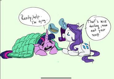 bedding blanket duo eyeshadow female female/female feral food horn ill magic makeup simple_background soup maxiima friendship_is_magic hasbro my_little_pony mythology rarity_(mlp) twilight_sparkle_(mlp) equid equine mammal mythological_creature mythological_equine unicorn