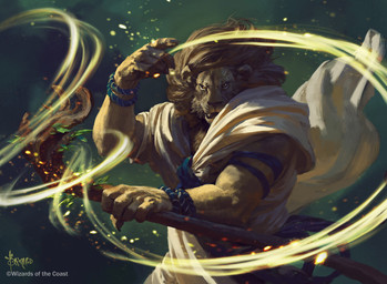 anthro brown_body brown_fur clothing fur holding_object holding_staff looking_at_viewer magic male muscular muscular_male solo staff whiskers white_clothing bayard_wu hasbro magic:_the_gathering wizards_of_the_coast felid lion mammal pantherine hi_res official_art