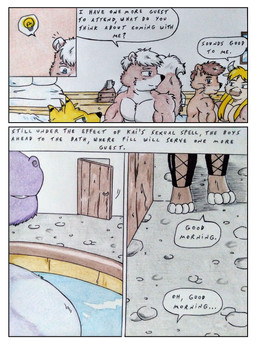 anthro barazoku bathroom bathtub bed bedroom biceps big_muscles big_pecs black_nose blonde_hair blue_eyes border brown_body brown_fur brown_hair comic_panel dialogue flirting fluffy fluffy_tail fur furniture green_eyes hair horn idea idea_bulb long_hair male manly medieval medieval_architecture medieval_clothing medieval_fantasy multicolored_body multicolored_fur muscular muscular_anthro muscular_arms muscular_male nude on_bed opening_door pecs smile speech_bubble squirrel_tail tail text water white_border white_hair yellow_body yellow_fur dashthefox blizzard_entertainment warcraft dashfox dominios ebro fill_(furryratchet) kai_(dash_fox) bovid bovine canid canine canis fox mammal mustelid otter rodent sciurid tauren tree_squirrel absurd_res colored_pencil_(artwork) comic english_text hi_res traditional_media_(artwork)