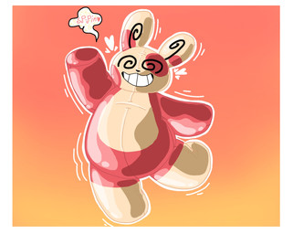 ambiguous_gender anthro border bound dialogue encasement gradient_background heart_symbol motion_lines on_one_leg permanent_smile plushsuit pokemon_speak simple_background solo speech_bubble spiral standing text white_border hiwol nintendo pokemon luster_(luckyluster) generation_3_pokemon mammal pokemon_(species) spinda english_text hi_res