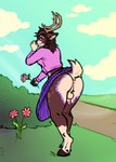 anthro antlers anus balls blush bottomwear brown_body brown_fur brown_hair clothed clothing countershading fawn_spots flower fur genitals gynomorph hair hooves horn intersex outside penis pink_anus plant purple_body purple_eyes purple_fur purple_hair rear_view skirt small_penis solo sweater tan_body tan_fur topwear upskirt porncooby aki_(sikaketsu) cervine deer mammal sika_deer absurd_res hi_res trans_(lore) trans_woman_(lore)