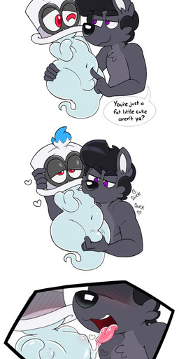 anthro anthrofied balls belly black_hair bodily_fluids bulge bulge_grab clothing dialogue duo fur genitals grey_body grey_fur hair half-closed_eyes hat headgear headwear heart_symbol looking_at_another male male/male male_anthro moobs narrowed_eyes navel neck_tuft nipple_fetish nipple_play nipple_suck nipples open_mouth poking purple_eyes red_eyes saliva slightly_chubby sound_effects sucking text thick_thighs tongue tongue_out top_hat tuft wide_hips acstlu mario_bros nintendo super_mario_odyssey cappy_(mario) phursie bonneter canid canine fox ghost mammal spirit 2020 absurd_res digital_media_(artwork) english_text hi_res male_(lore)